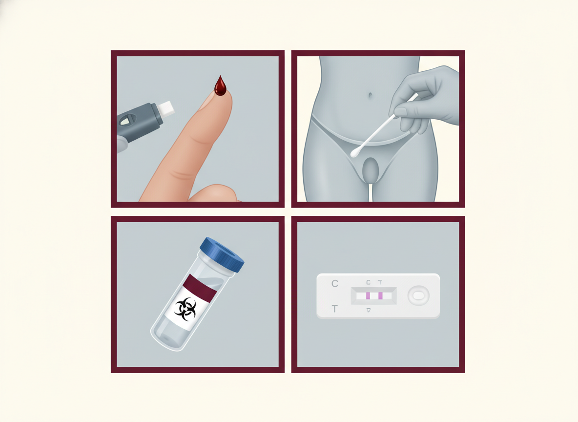 Editorial four-tile illustration of common at-home STI sample-collection methods including fingerstick blood, self-collected genital swab, sealed transport vial, and lateral-flow cassette with control and test lines.