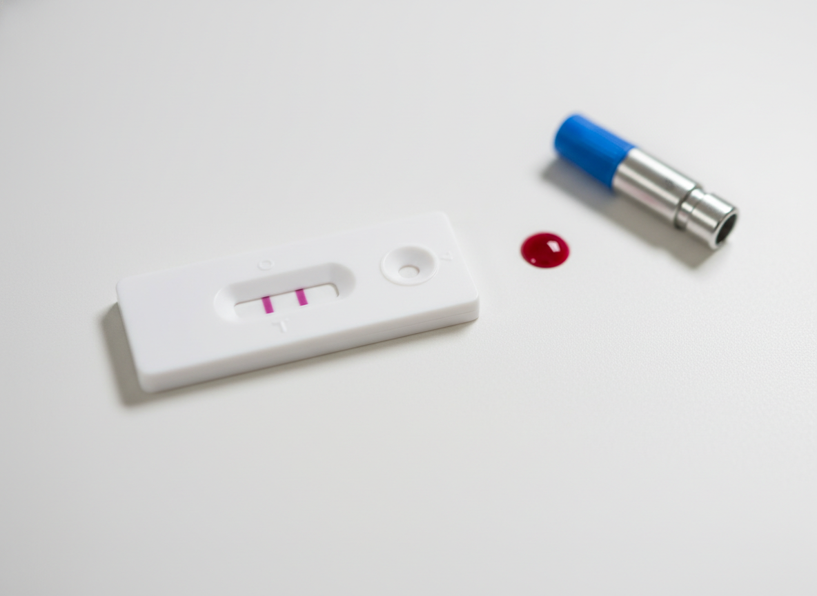 Rapid lateral-flow blood antibody test cassette showing two pink lines in the result window indicating a reactive result, with a fingerstick lancet beside it