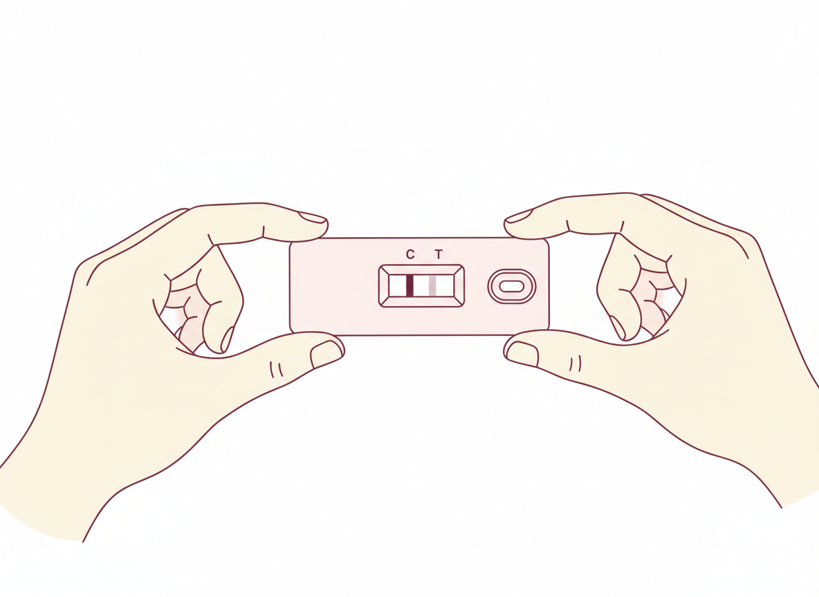 Hands reading a rapid lateral-flow trichomoniasis cassette with a control line and a faint test line visible in the result window